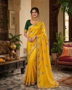 Premium Satin Silk Saree With Unstitched Blouse(Yellow)