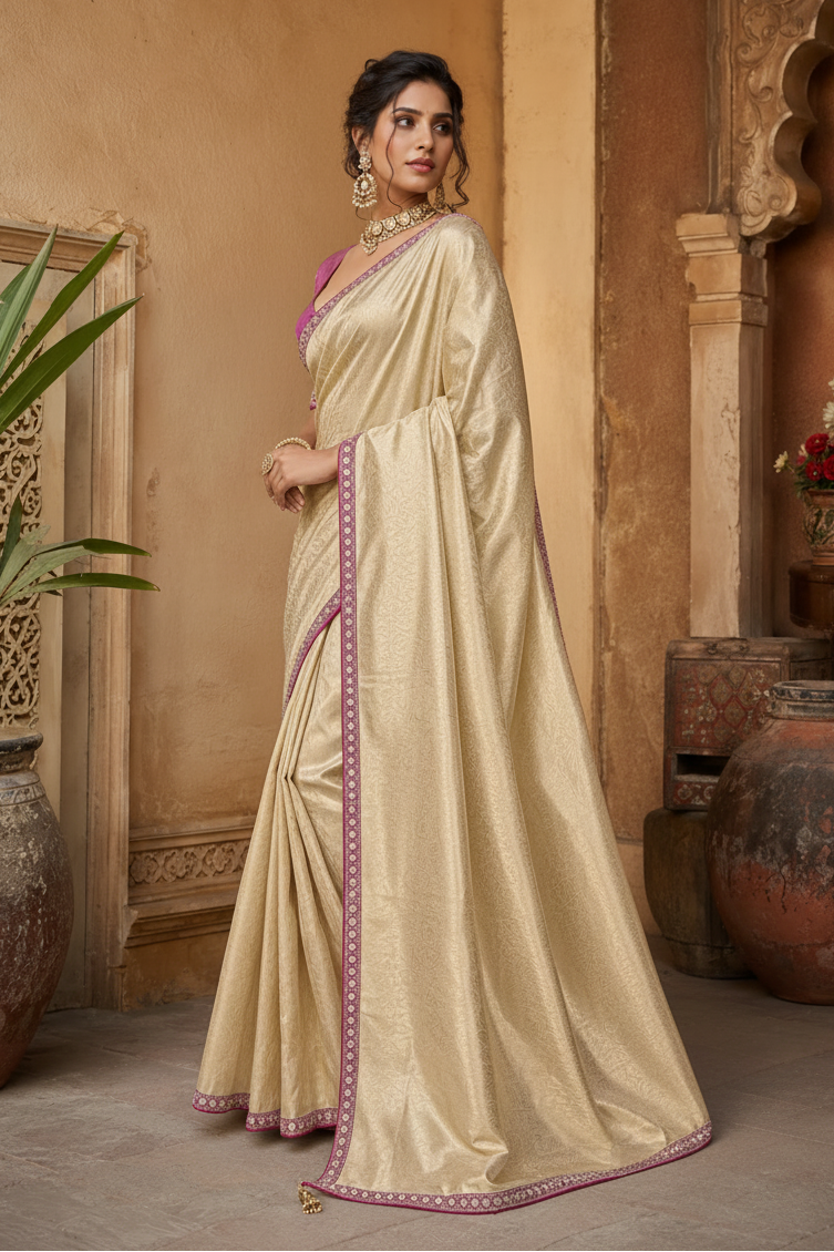 Soft Tissue Silk Sequins Work Saree With Unstitched Blouse(Beige)