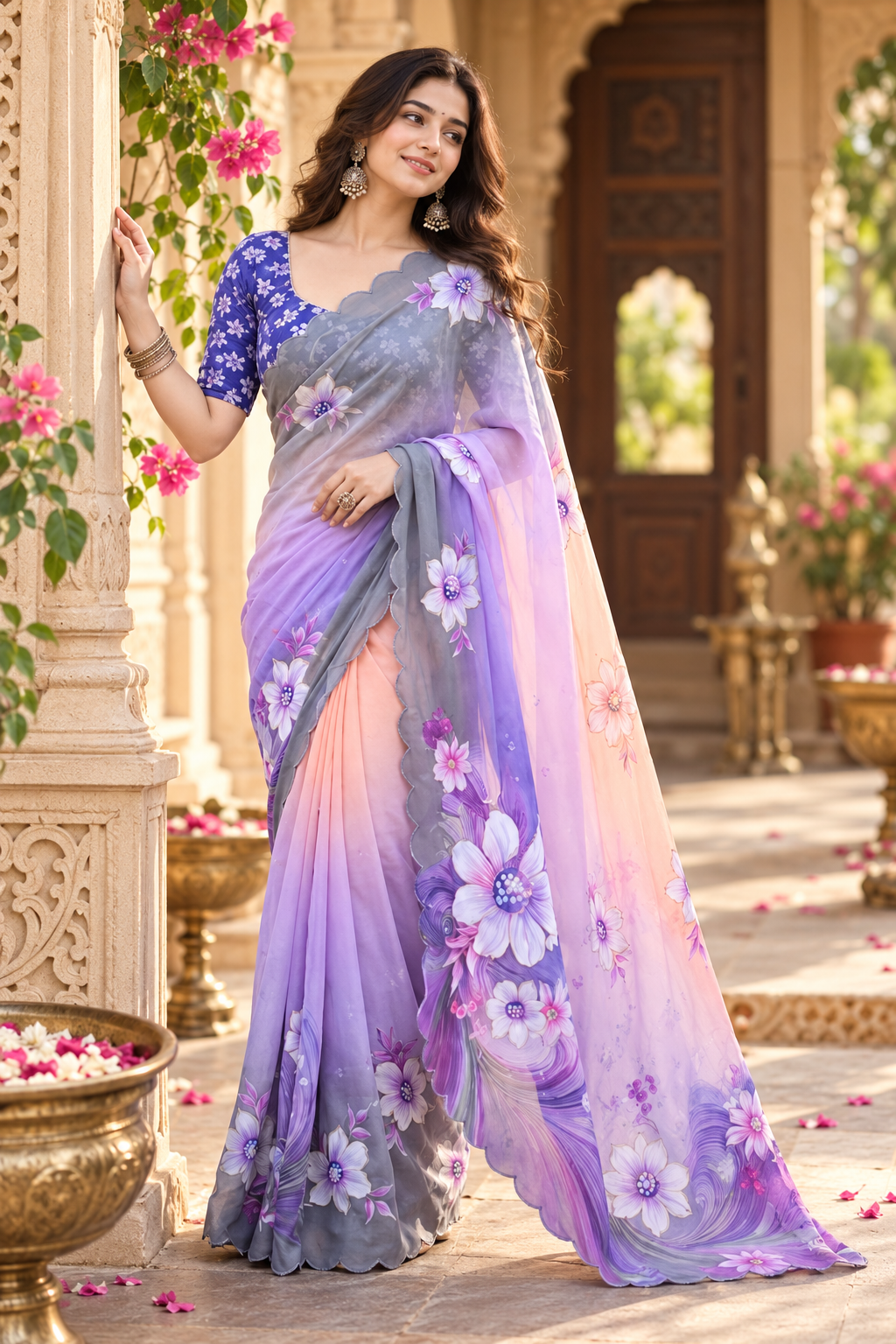 Georgette Digital Print Saree With Unstitched Blouse(Purple)