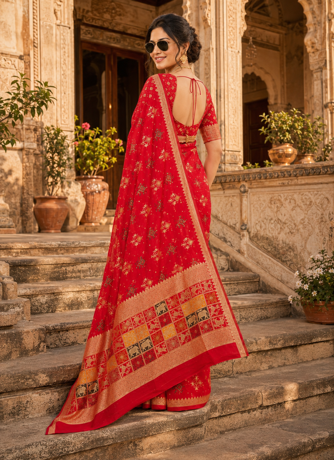 Dola Silk Soft Rajwadi Kashmiri Thread Zari Weaving Border With Unstitched Butti  Blouse (Red)