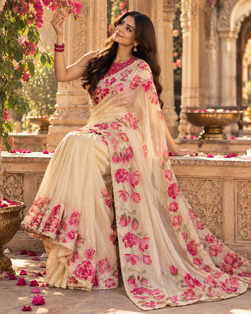 Premium Organza Silk Saree With Unstitched Blouse(White)