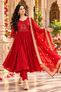Chanderi Cotton Kurti Pant Set With Dupatta(Red)