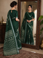 Premium Slub Silk Floral Printed  Zari Border Saree With Unstitched Blouse (Bottle Green)
