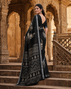 Premium Slub Silk Floral Printed  Zari Border Saree With Unstitched Blouse (Black)