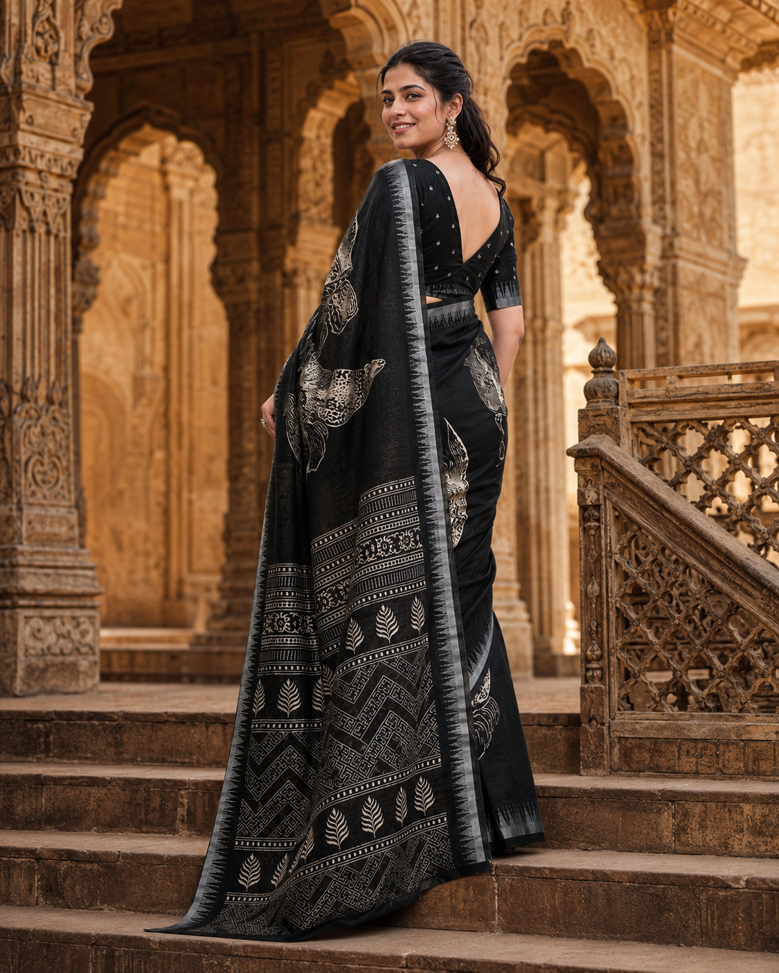 Premium Slub Silk Floral Printed  Zari Border Saree With Unstitched Blouse (Black)