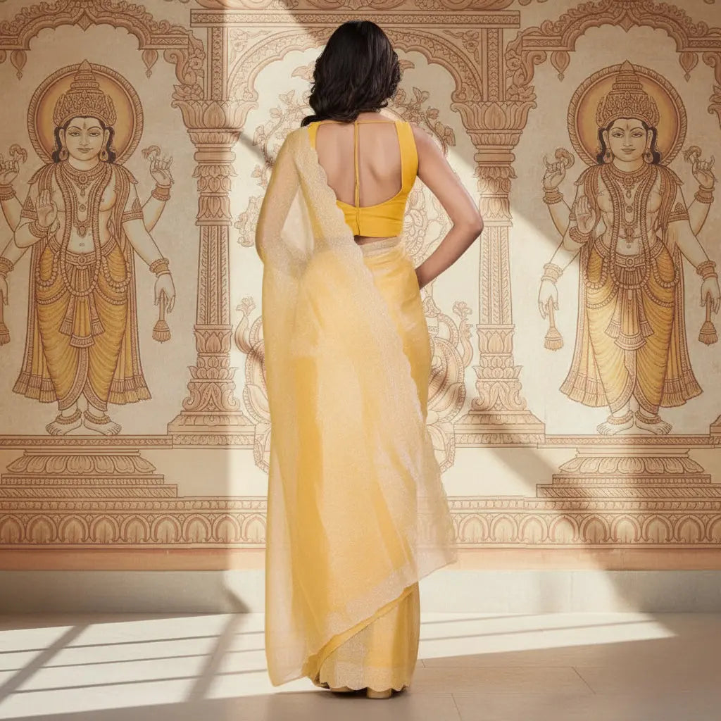 Women's Tissue Pure Silk Embellished Bollywood Saree With Unstitched Blouse 5.5Mtr (Yellow) Kashvii