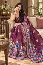 Linen Silver Zari Border Fumka Latakan Saree With Zari Border Unstitched Blouse (Wine)