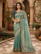Satin Silk Embroidery Work Saree with Unstitched Blouse(Blue)