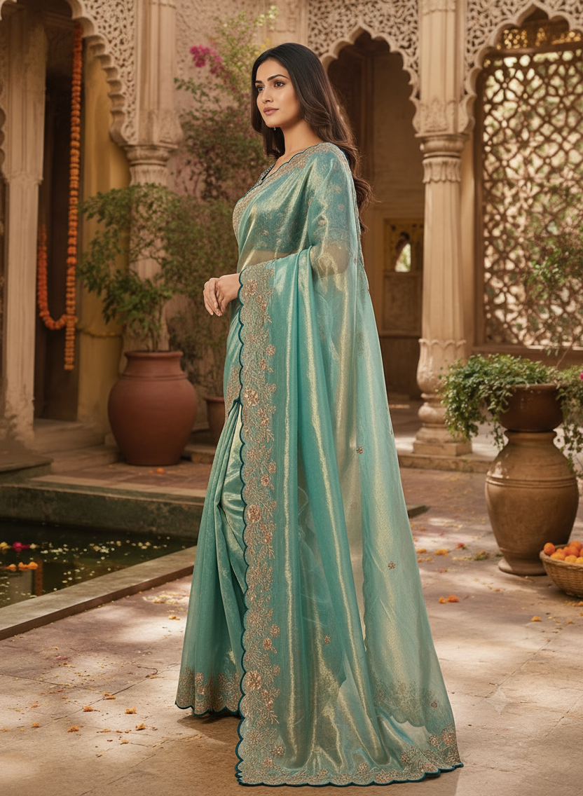 Satin Silk Embroidery Work Saree with Unstitched Blouse(Blue)