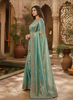 Satin Silk Embroidery Work Saree with Unstitched Blouse(Blue)