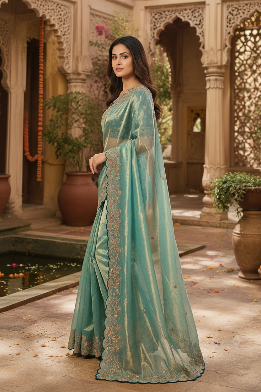 Satin Silk Embroidery Work Saree with Unstitched Blouse(Blue)