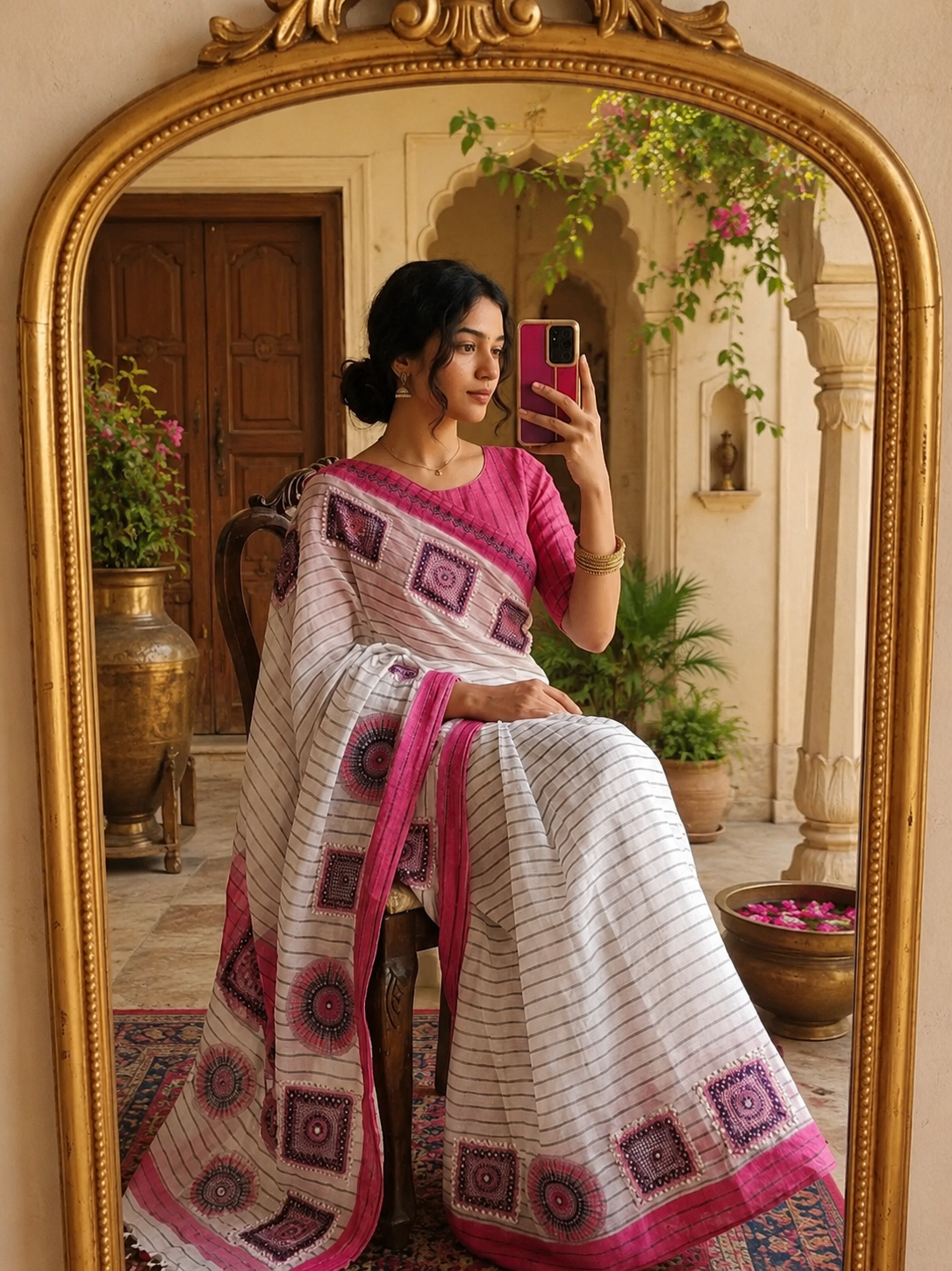 Linen Mirror Work Printed Saree with Unstitched Blouse( Rich Pink)