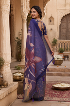 Linen Printed Saree With Unstitched Blouse(Violet)