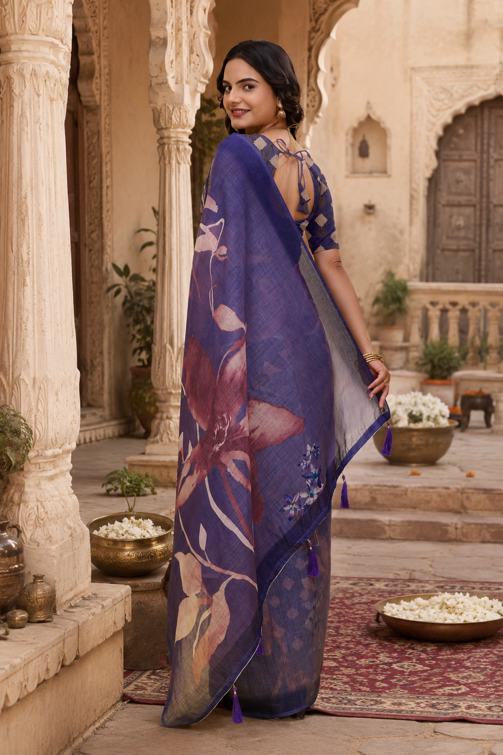 Linen Printed Saree With Unstitched Blouse(Violet)