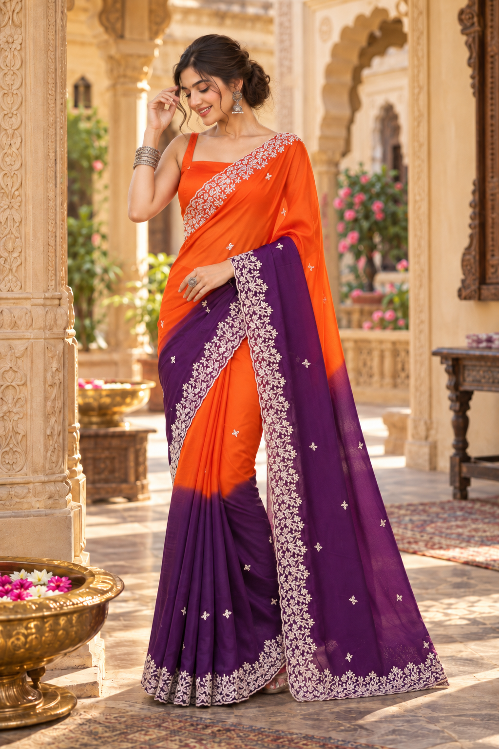 Chinon Silk Embroidery Work Saree With Unstitched Blouse(Violet)