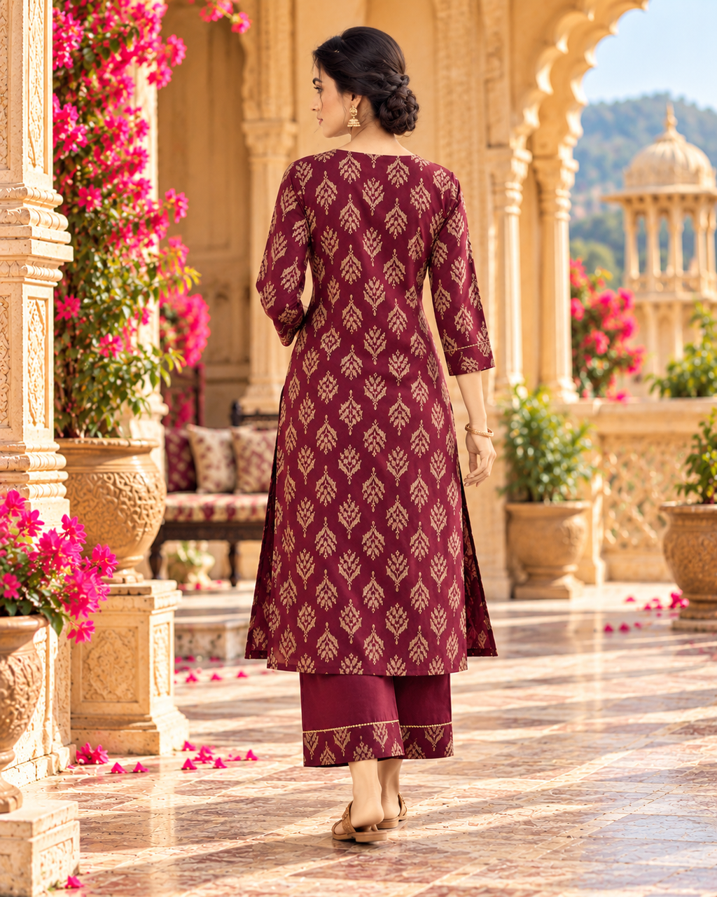 Pure Cotton Kurti Pant Two piece Set(Wine)