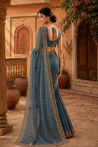 Moss Gold Shine Multi Sequence Emrodairy Work Saree With Unstitched Blouse (Blue)