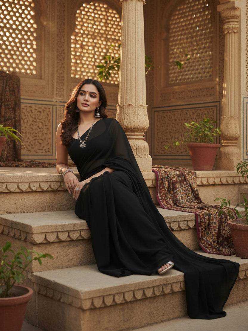 Women's georgette plain saree with blouse (black, 5 6 mtrs) kashvii