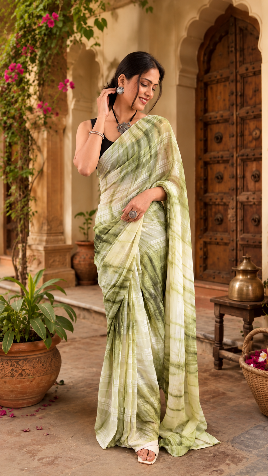 Elegant Georgette Printed Ready To Wear Saree With Unstitched Blouse(Grey)