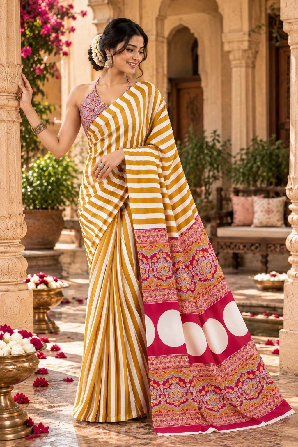 Satin Silk Ajrakh Printed Saree With Unstitched Blouse(Yellow)
