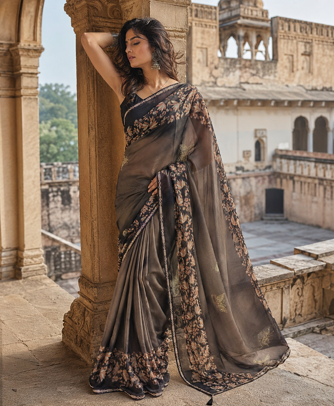 Premium Georgette Floral Print Saree With Unstitched Blouse(Brown)