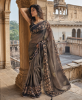 Premium Georgette Floral Print Saree With Unstitched Blouse(Brown)