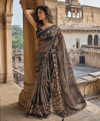 Premium Georgette Floral Print Saree With Unstitched Blouse(Brown)