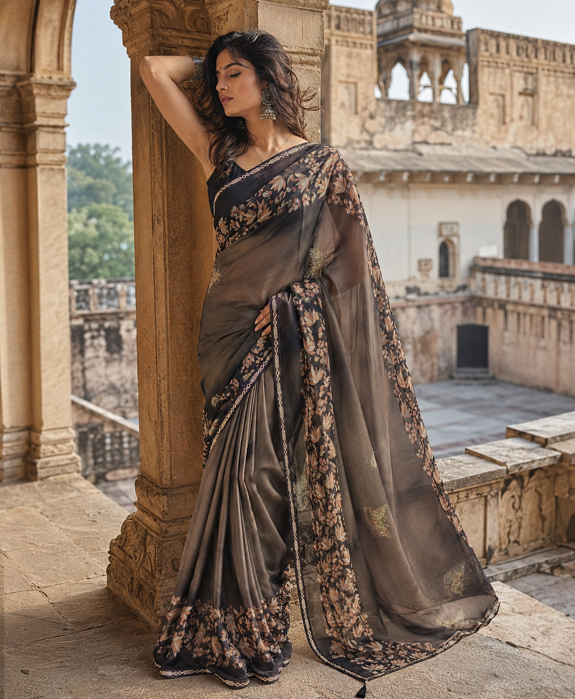 Premium Georgette Floral Print Saree With Unstitched Blouse(Brown)