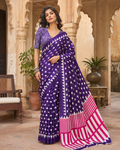 Satin Silk Ajrakh Print Saree With Unstitched Blouse(Violet)