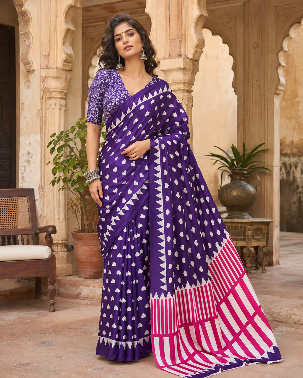 Satin Silk Ajrakh Print Saree With Unstitched Blouse(Violet)