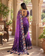 Georgette Embroidery Work Saree With Unstitched Blouse(Purple)