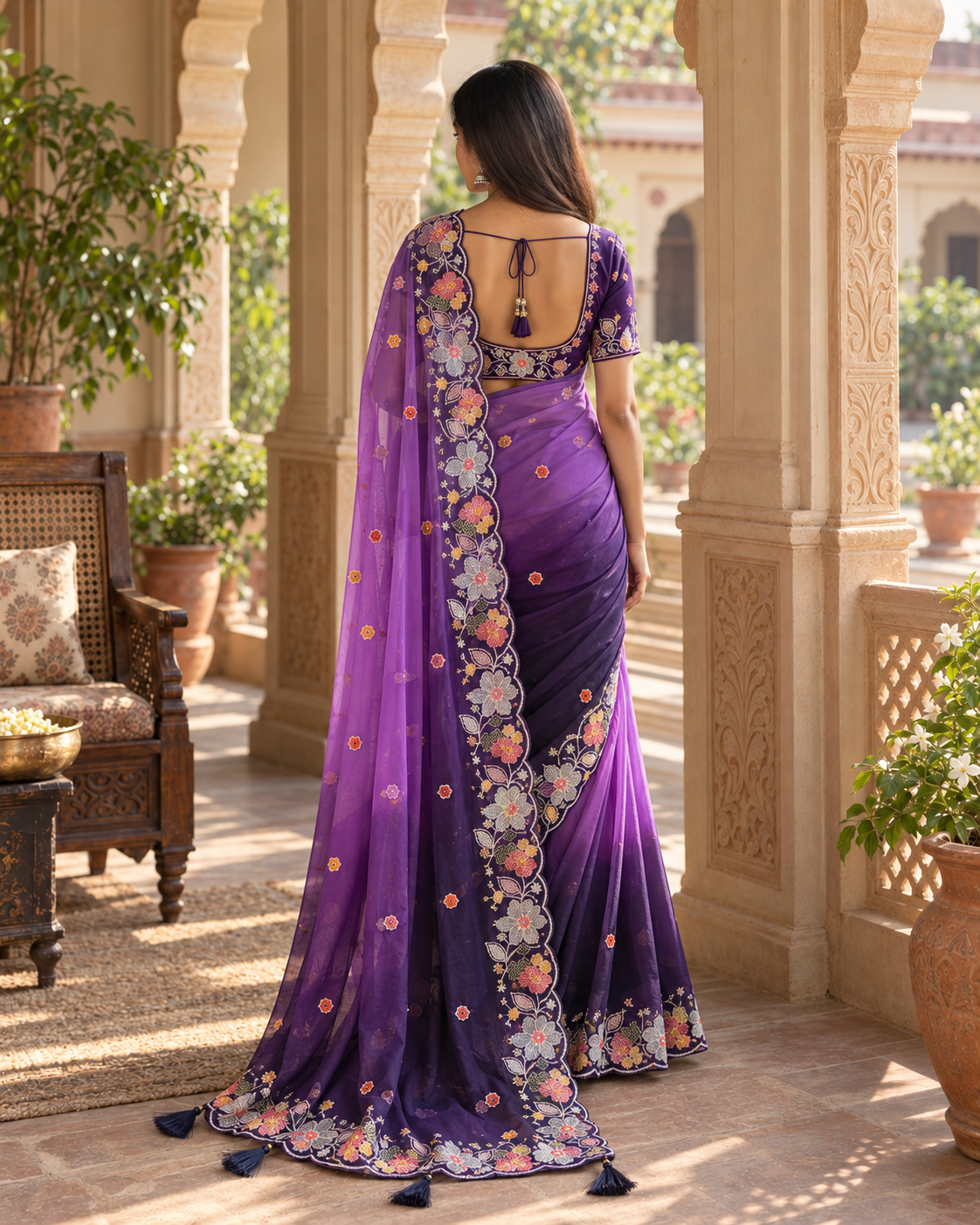Georgette Embroidery Work Saree With Unstitched Blouse(Purple)