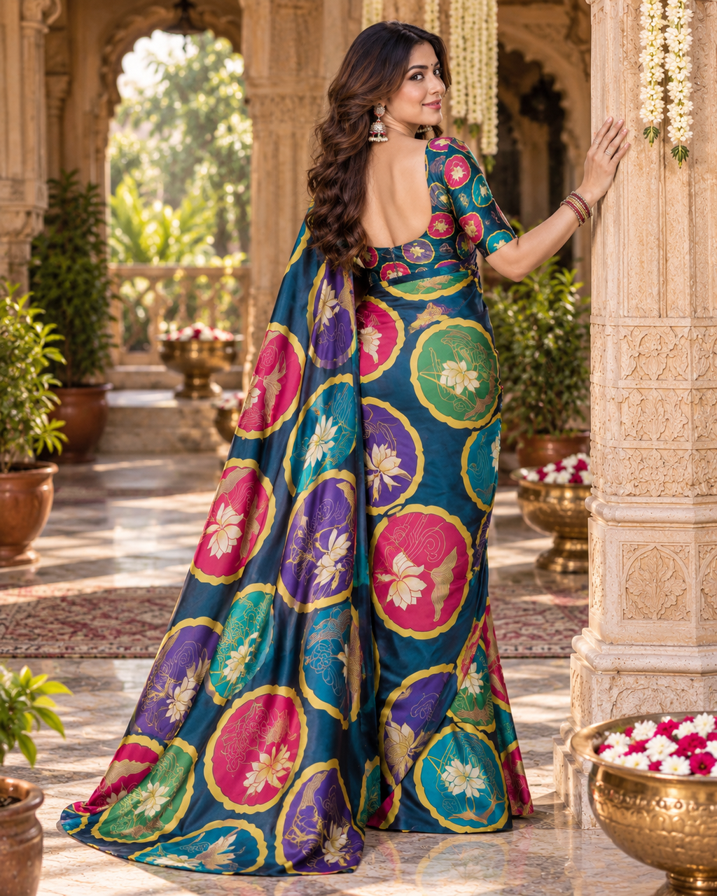 Satin Silk Printed saree With Unstitched Blouse(Morpich)