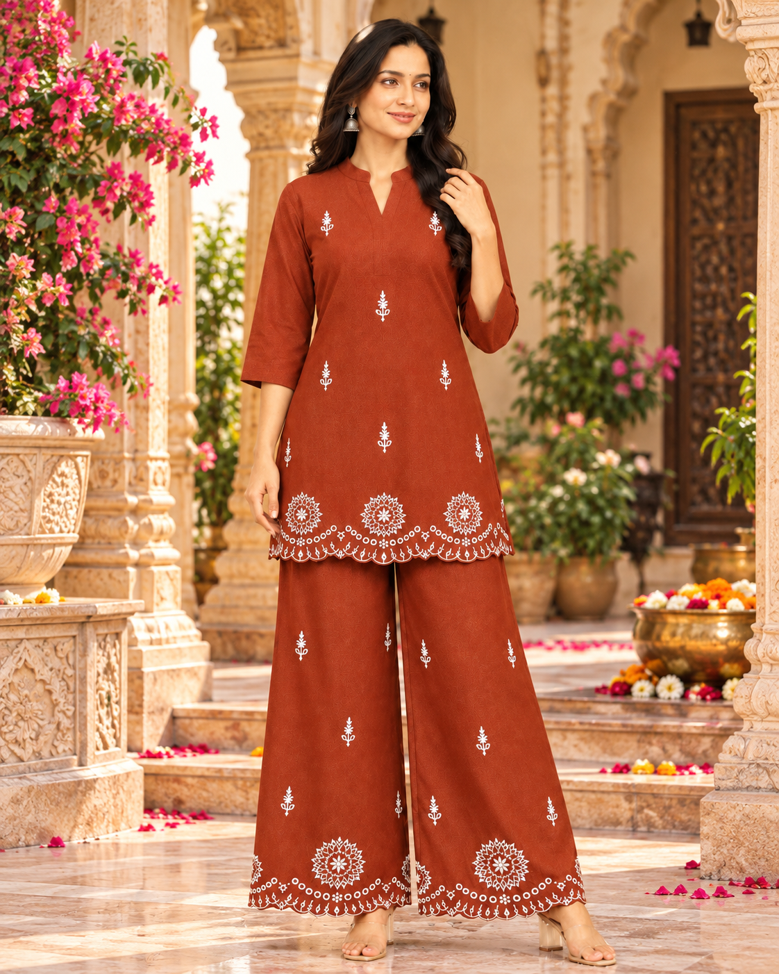 Pure Cotton Embroidery Work Co-Ord Set(Orange)