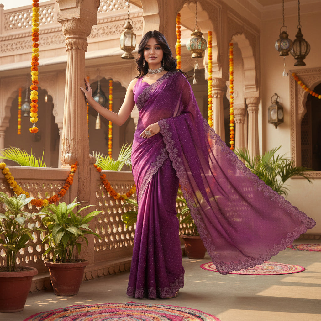 Women's tissue pure silk embellished bollywood saree with unstitched blouse 5