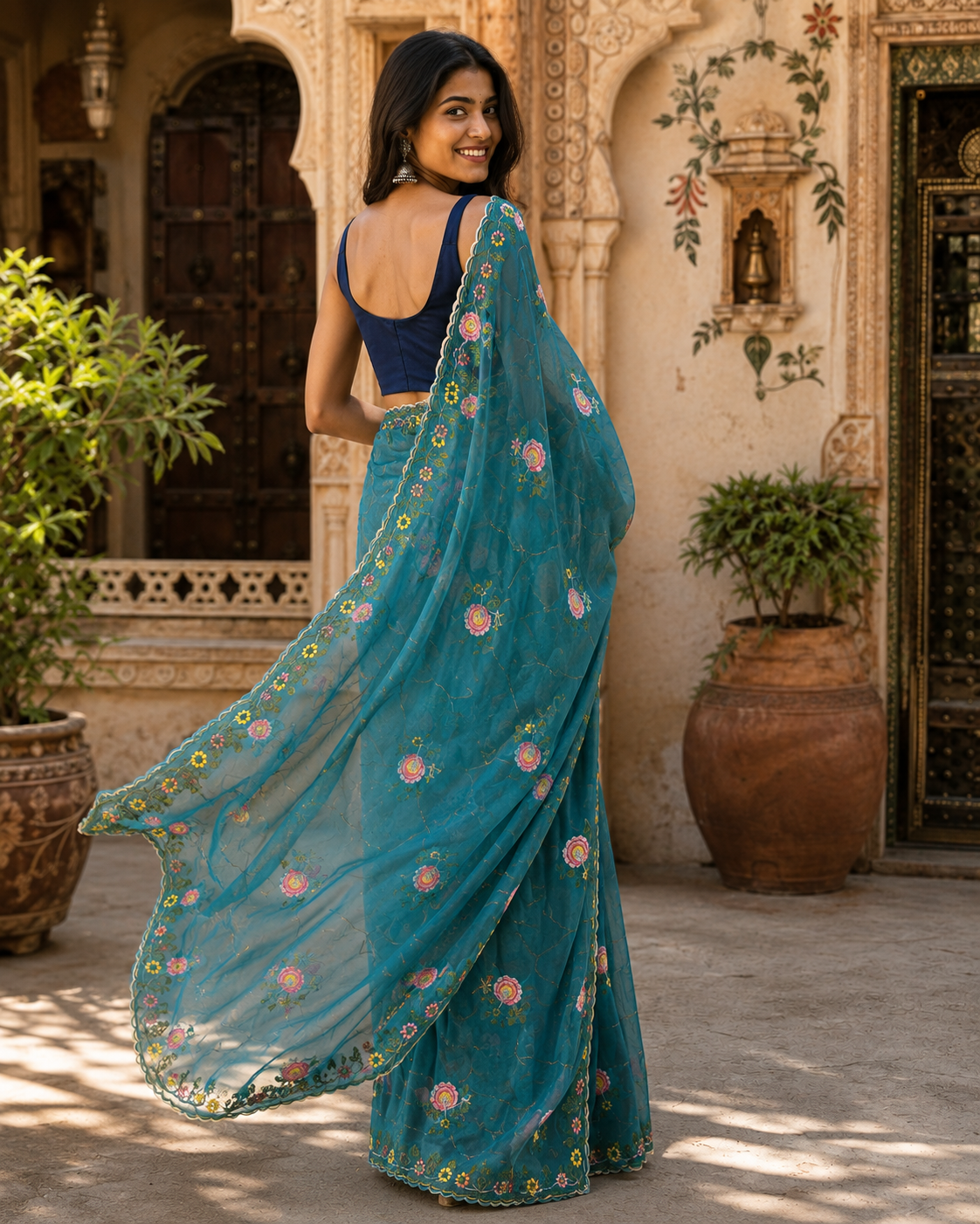 Star Georgette Ready To Wear Embroidery Work Saree With Unstitched Blouse(Rama)