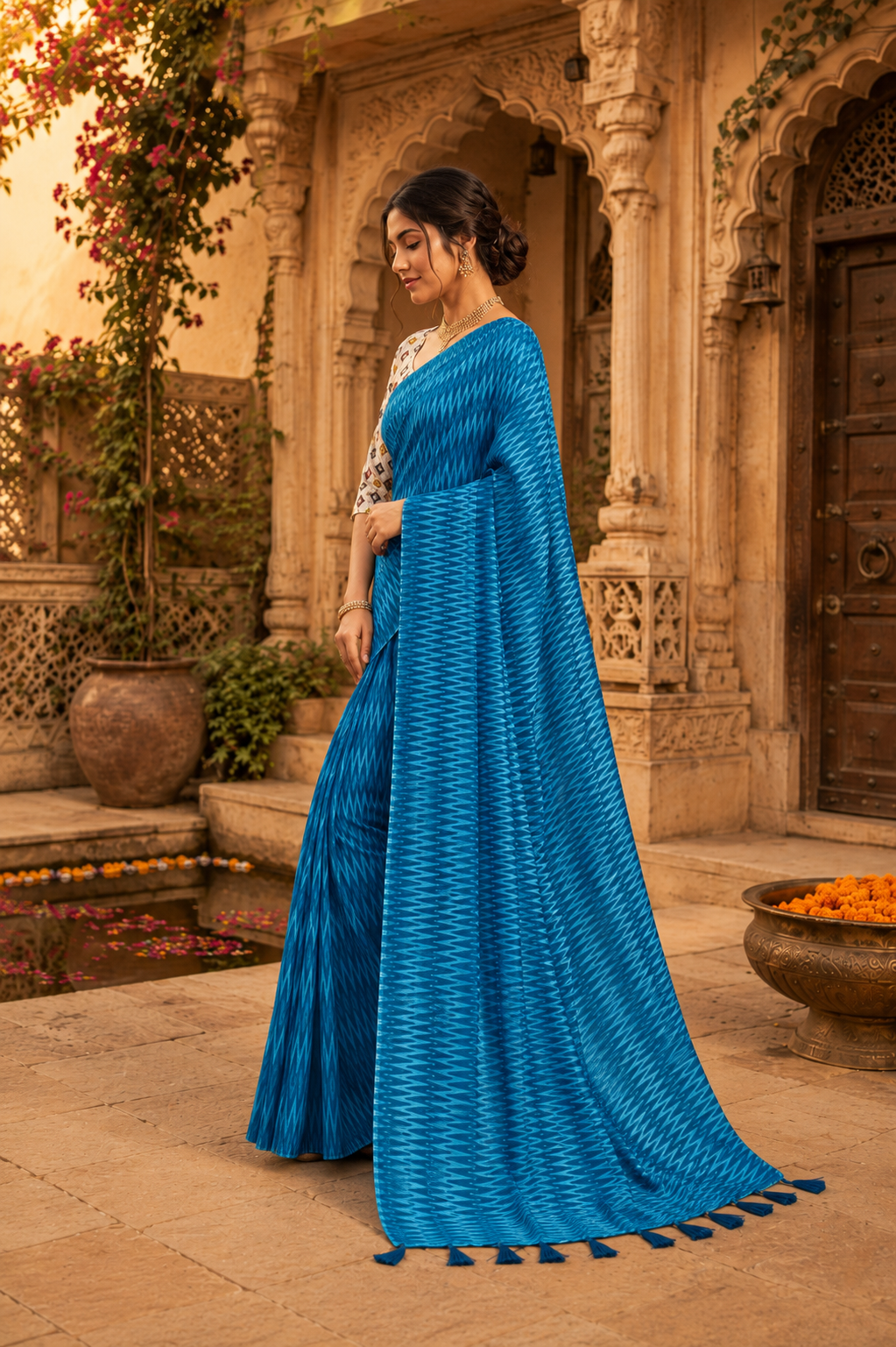 Crepe Silk Printed Sarees With Unstitched Blouse(Blue)
