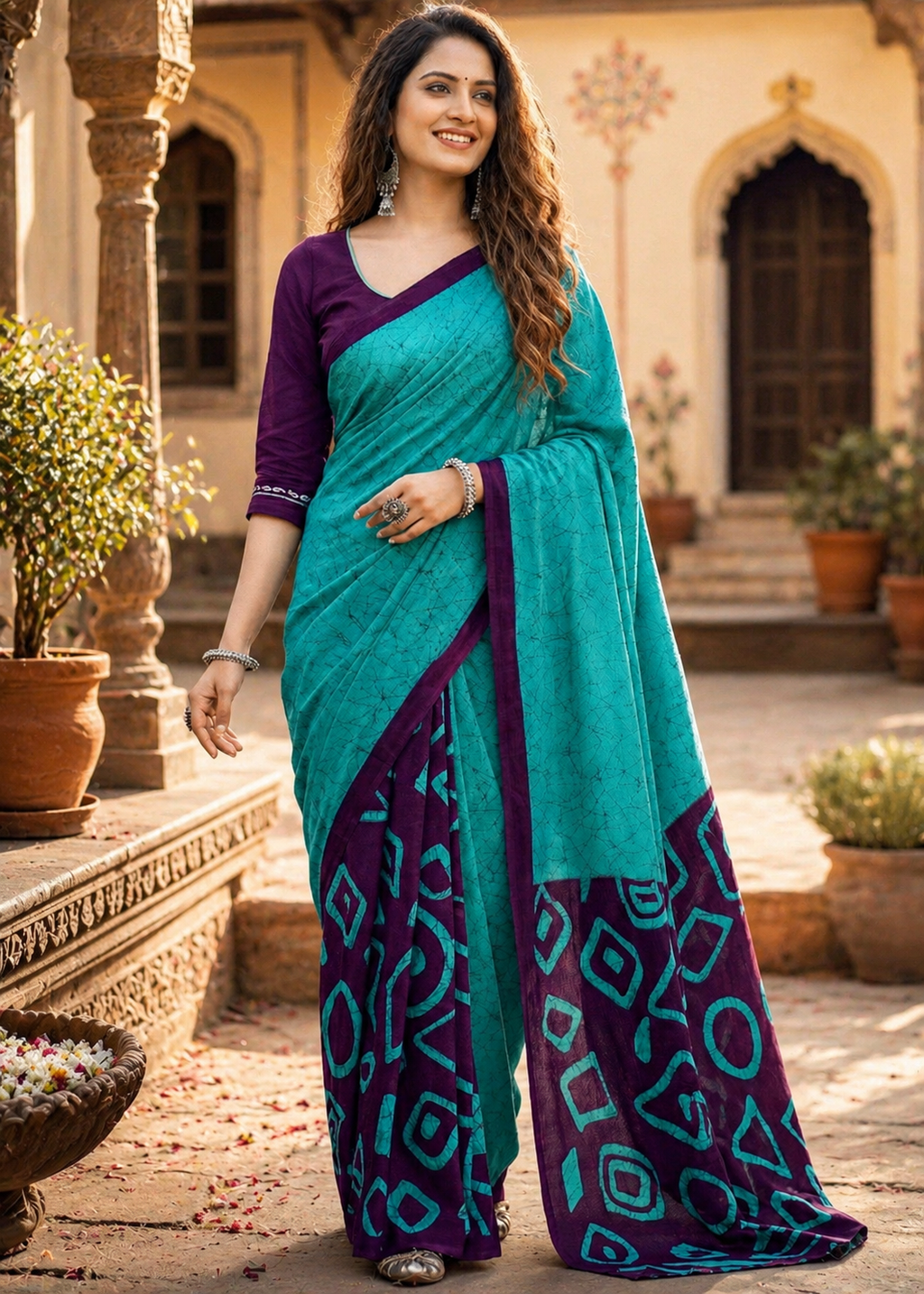 Mulmul Cotton Block Print Saree With Unstitched Blouse(Blue)