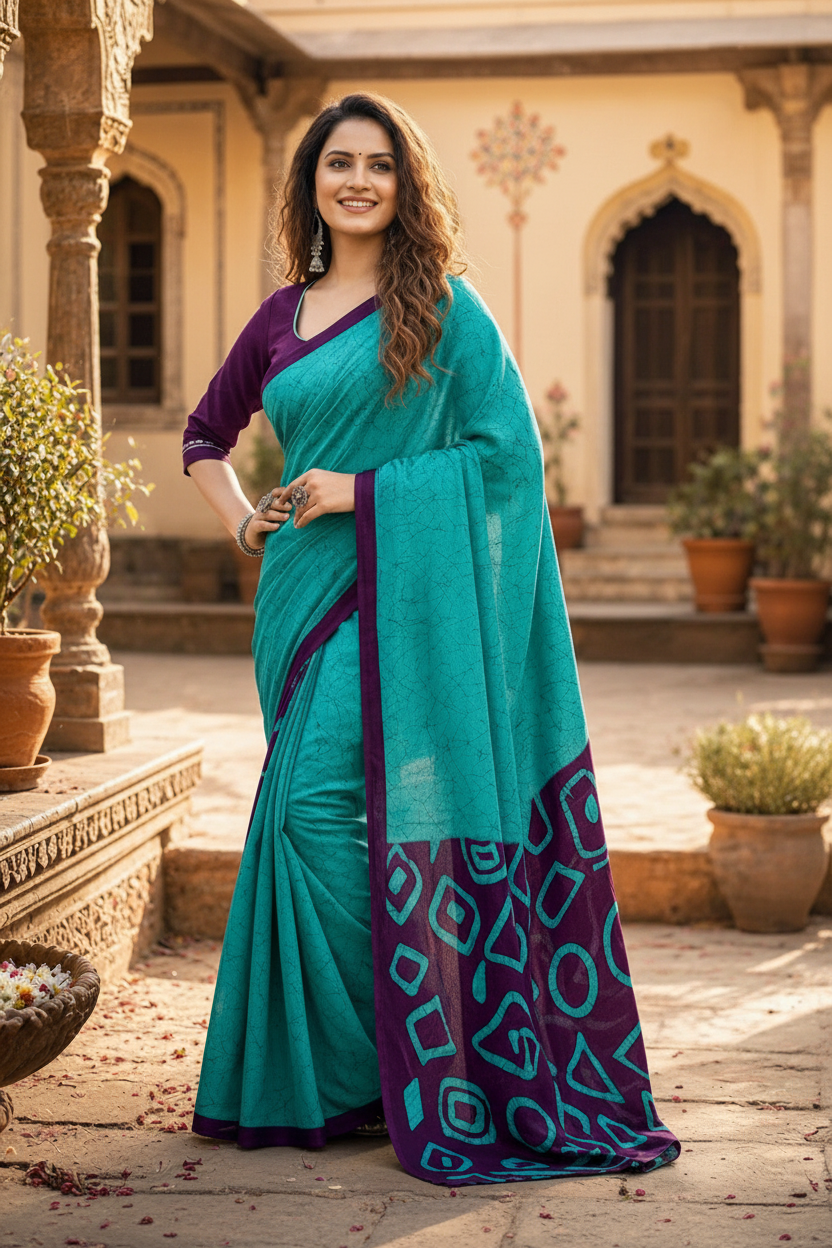 Mulmul Cotton Block Print Saree With Unstitched Blouse(Blue)