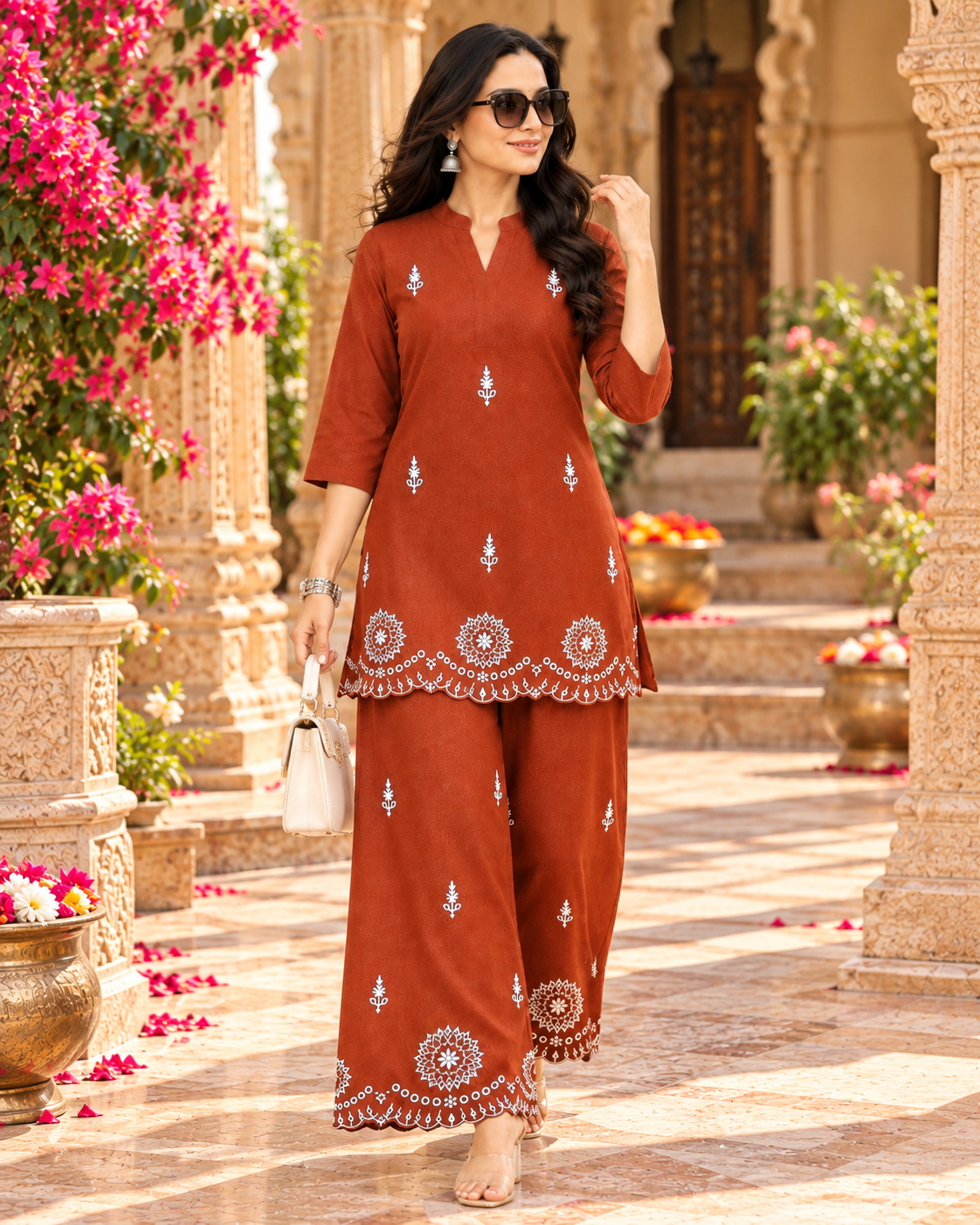 Pure Cotton Embroidery Work Co-Ord Set(Orange)