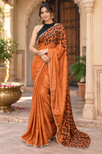 Satin Silk Printed Saree With Unstitched Blouse(Orange)
