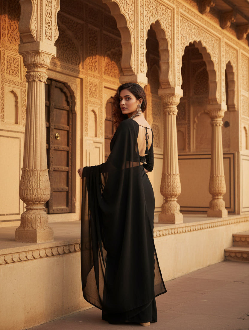 Women's Georgette Plain Saree With Blouse (Black, 5-6 Mtrs) Kashvii