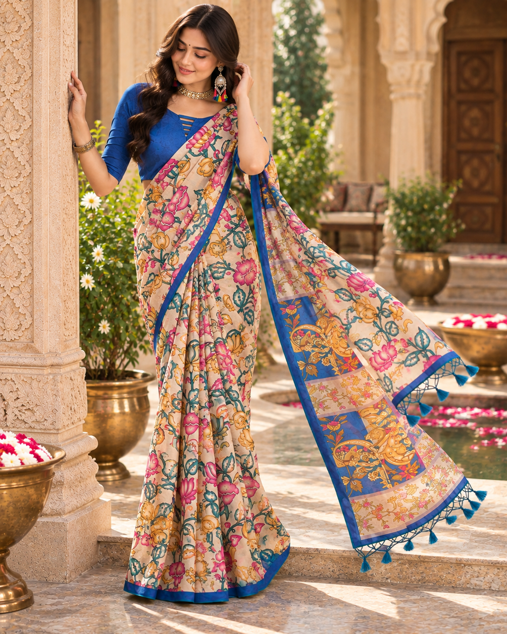 Tussar Silk Kalamkari Printed Saree With Unstitched Blouse(Blue)