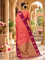 Pure Silk Zari Border Ikat Saree With Unstitched Blouse(Brink Pink)