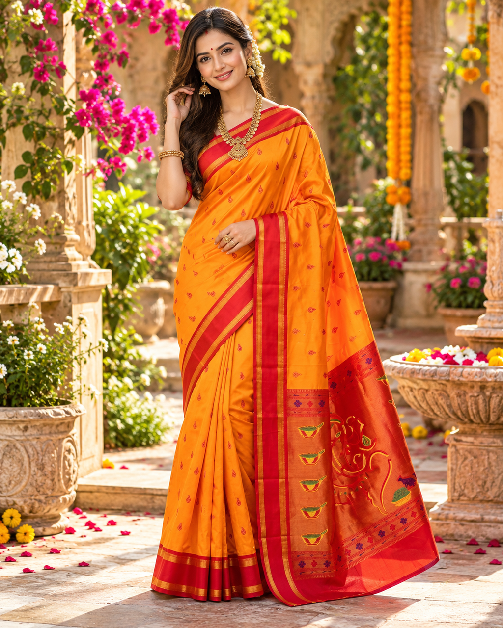 Premium Paithani Katan Silk Butti Saree With Zari Border Unstitched Blouse (Orange)
