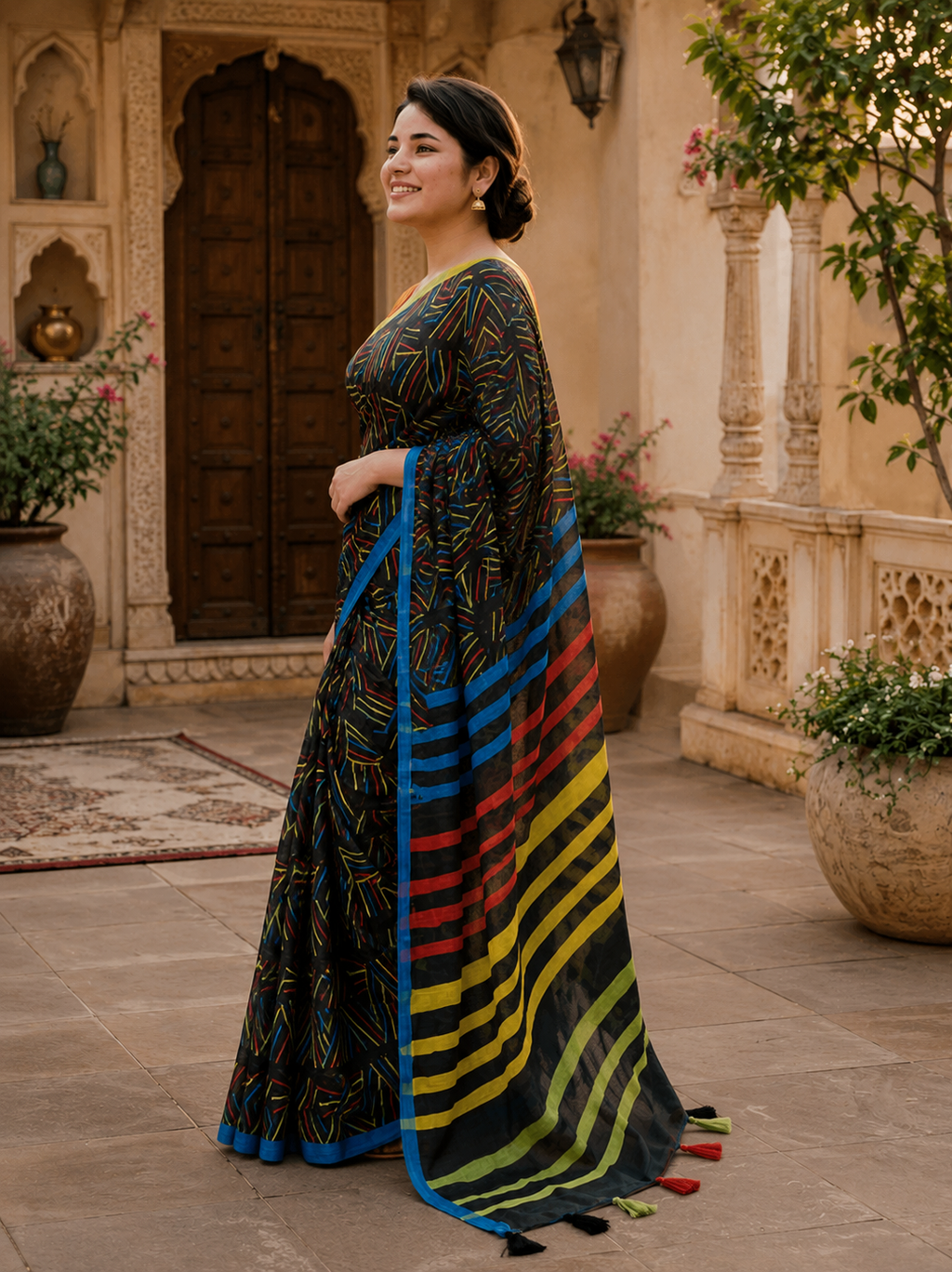 Linen Cotton Saree With Unstitched Blouse(Black)