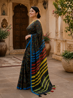 Linen Cotton Saree With Unstitched Blouse(Black)