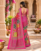 Pure Chinon Silk Heavy Mirror Work Saree With Unstitched Blouse(Pink)