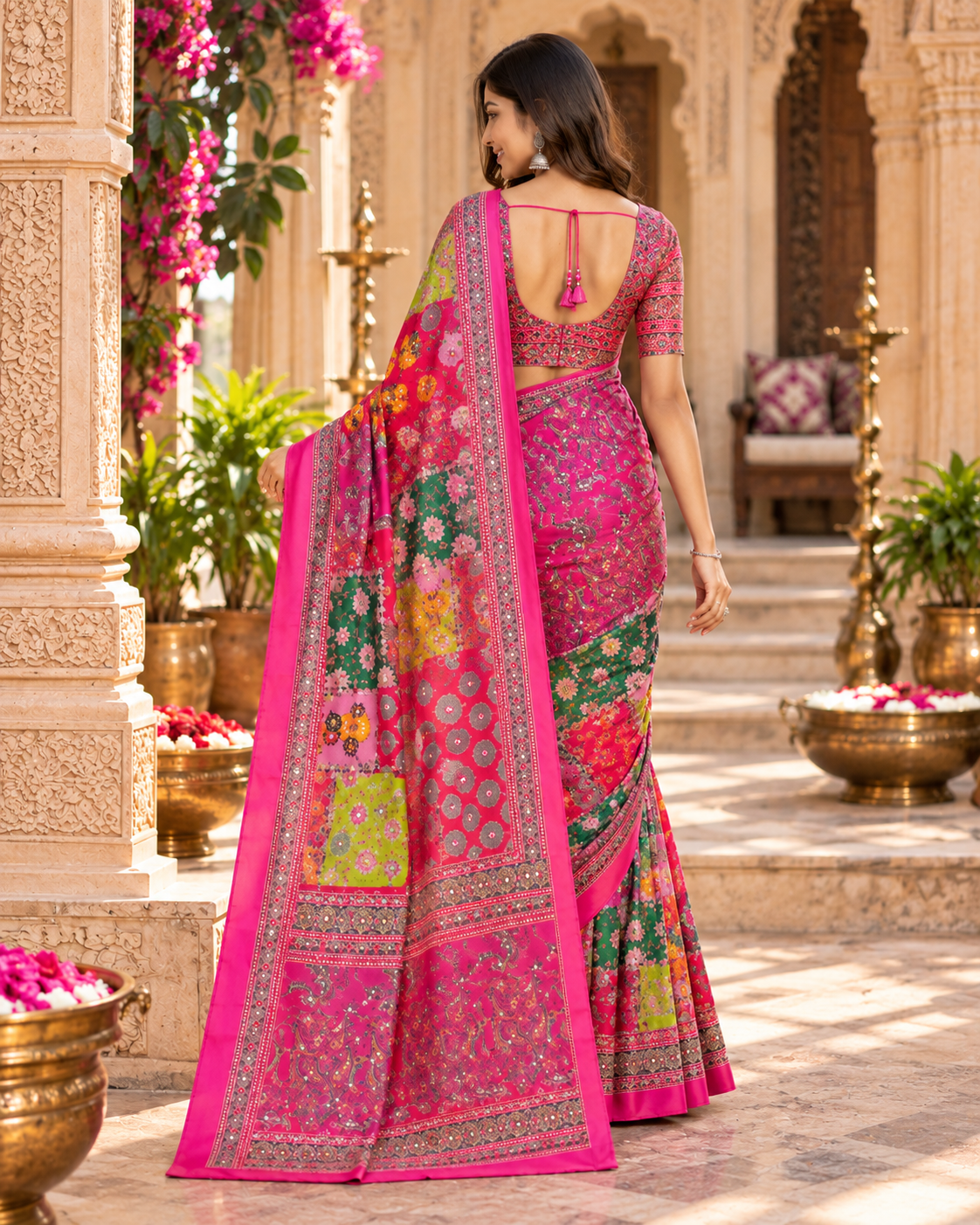 Pure Chinon Silk Heavy Mirror Work Saree With Unstitched Blouse(Pink)