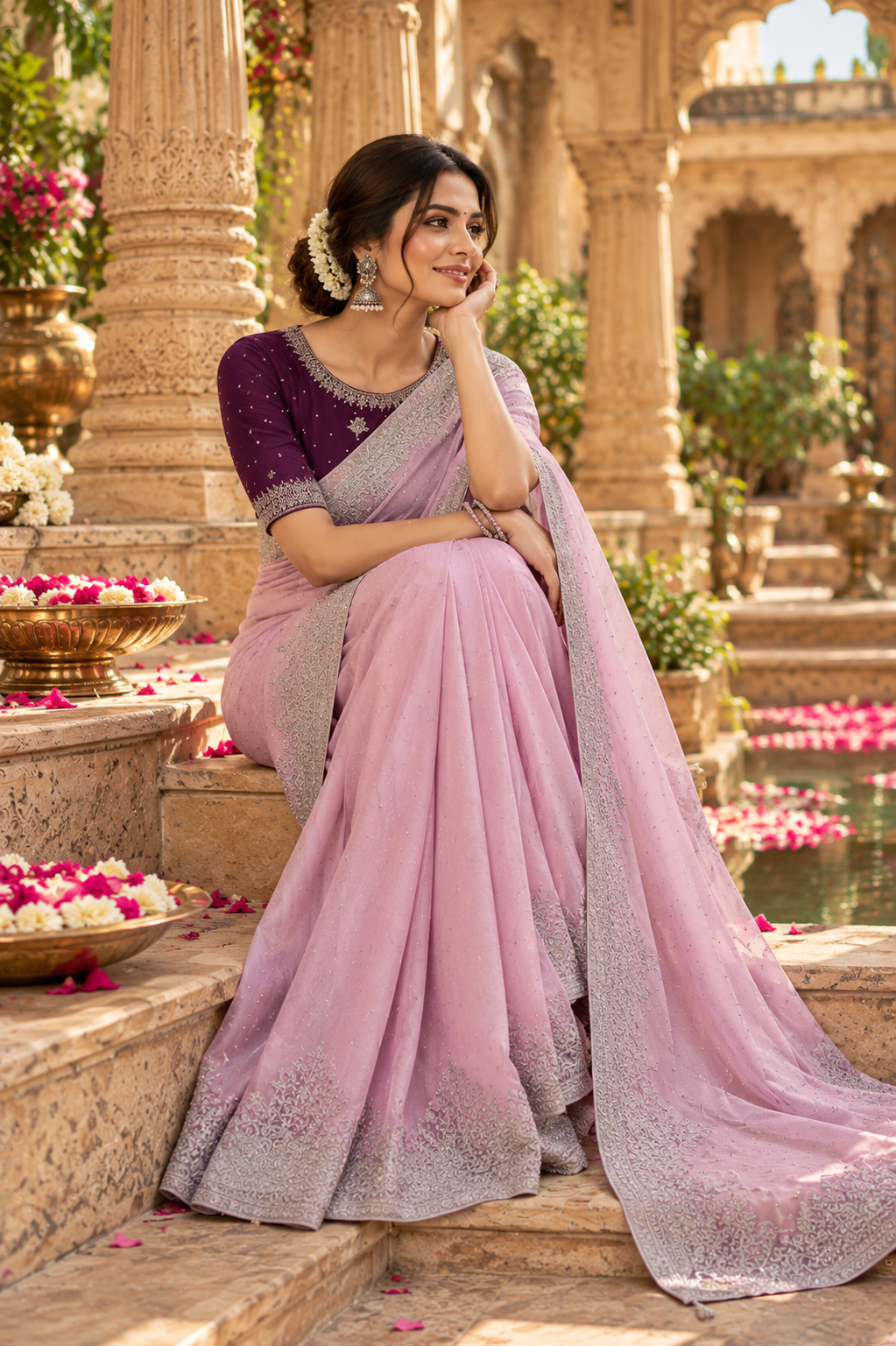 Chinon Silk Embroidery Work Saree With Unstitched Blouse(Light Pink)